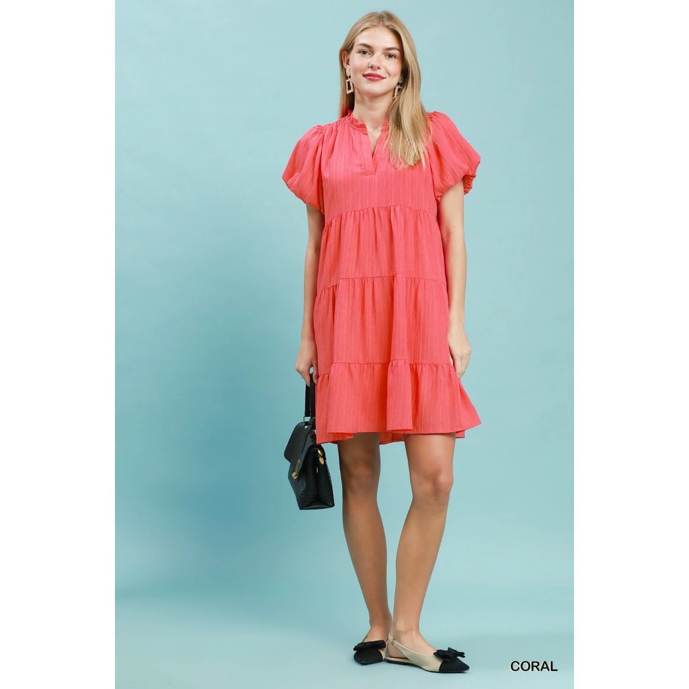Umgee Puff Sleeve Tiered Babydoll Dress - Coral - Small - Picture 4 of 5